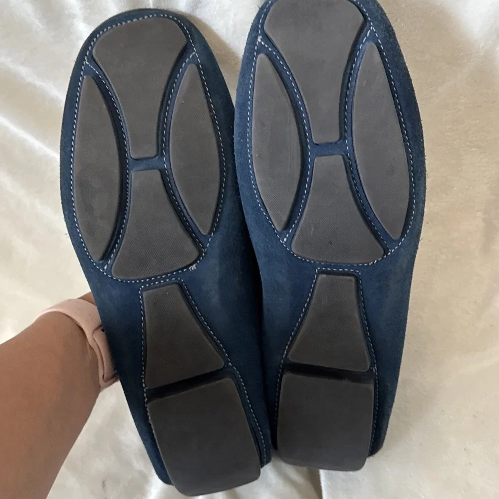Aldo dark blue suede loafers Slip On White Stitch Silver Tone Buckle Sz 9.5